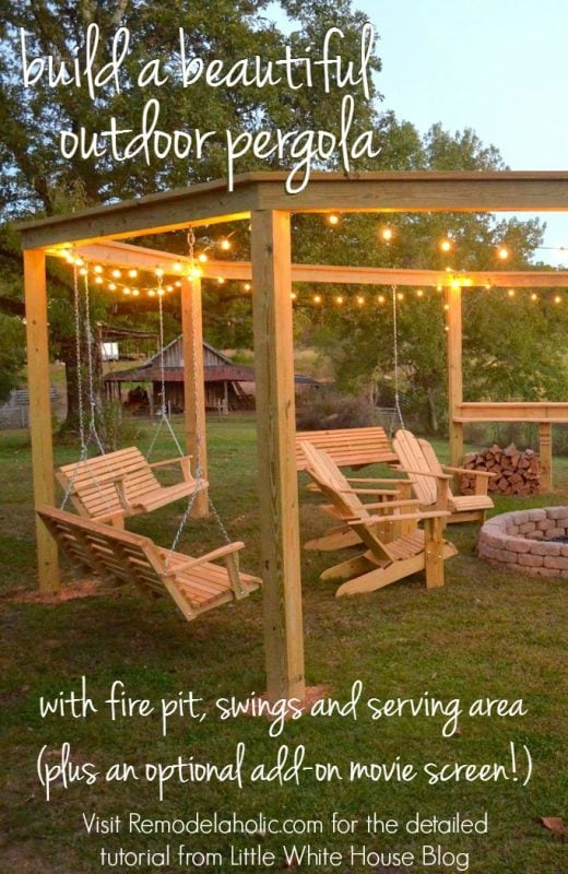 Build an outdoor pergola around a firepit, including swings, a serving area, and a movie screen - DIY tutorial from Little White House Blog on @Remodelaholic