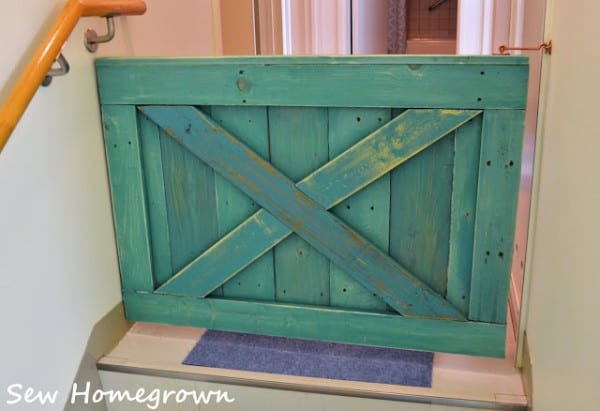 Aqua Turquoise Barn Door Baby Gate For Stairs, Building Plan By Remodelaholic, Built By Sew Homegrown