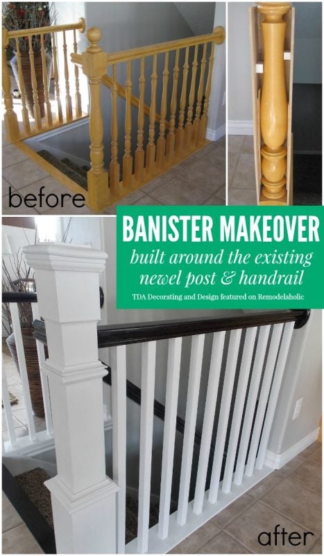 Beautiful stair railing renovation using the existing newel post and handrail | TDA Decorating and Design featured on @Remodelaholic #makeover #staircase