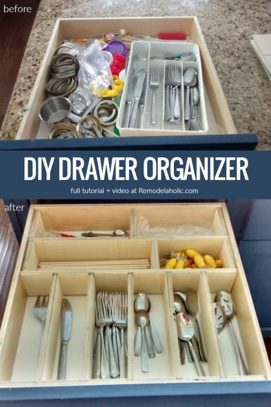 DIY Drawer Organizer With Dividers For Kitchen Utensils And Tools #remodelaholic | Whip your kitchen, bathroom, dresser, or desk drawers into shape with these affordable custom DIY drawer organizers. Adjustable, with no glue or nails, to organize kitchen utensils, clothing, office supplies, or bathroom essentials. 