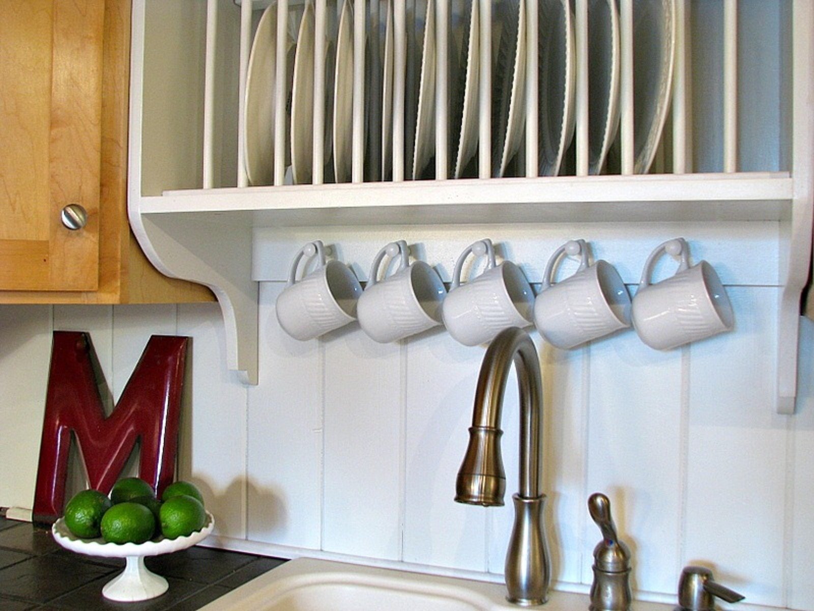 Diy Plate Rack Cabinet With Mug Hooks And Storage Shelf (1)