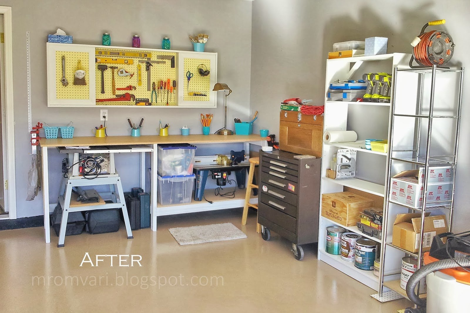 DIY tutorial - workbench and pegboard tool cabinet with sliding doors, featured on Remodelaholic.com