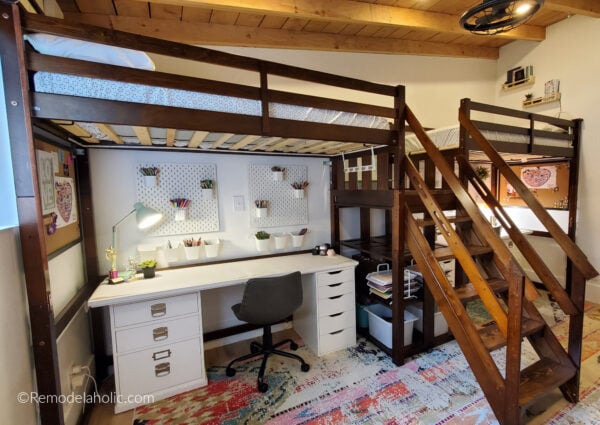 Double Loft Bed For Teenagers With Stairs And Full Size Desks Underneath, Remodelaholic