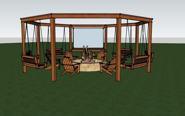 full render of the diy pergola with firepit, chairs, and swings - DIY tutorial Little White House Blog on @Remodelaholic