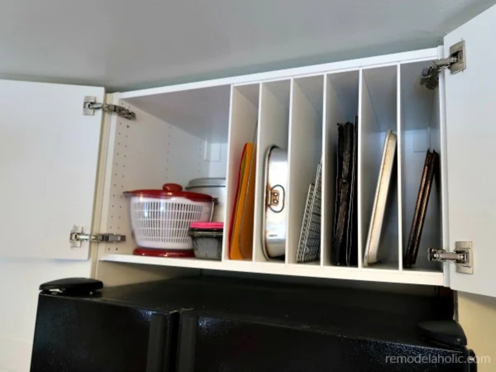 Organized Over The Fridge Cabinet DIY Ikea Kitchen Cabinet Hack Remodelaholic (1) (1)