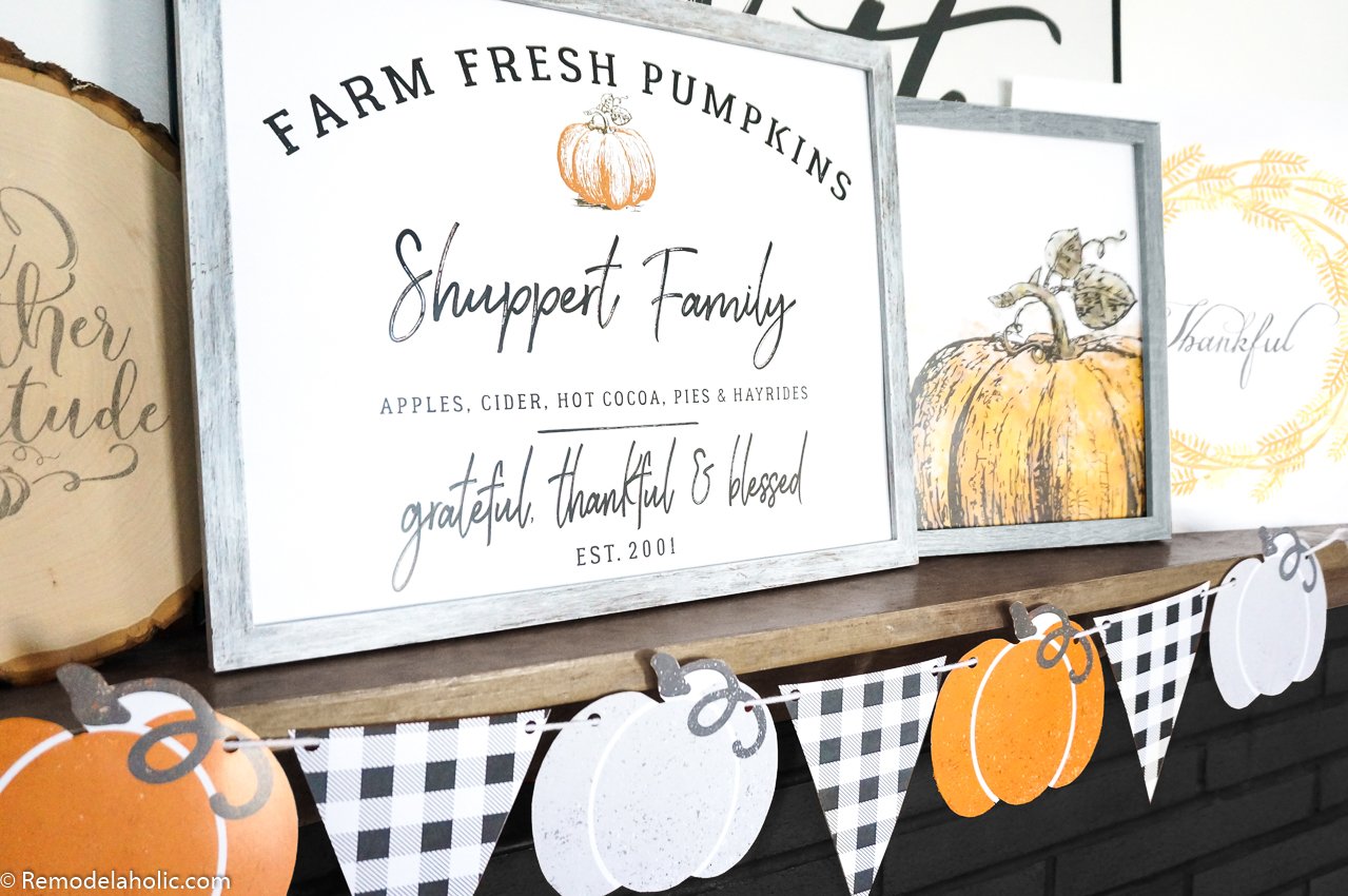 Printable Fall Mantel Decor Set, Family Name Pumpkin Patch Sign And Watercolor Pumpkin #remodelaholic