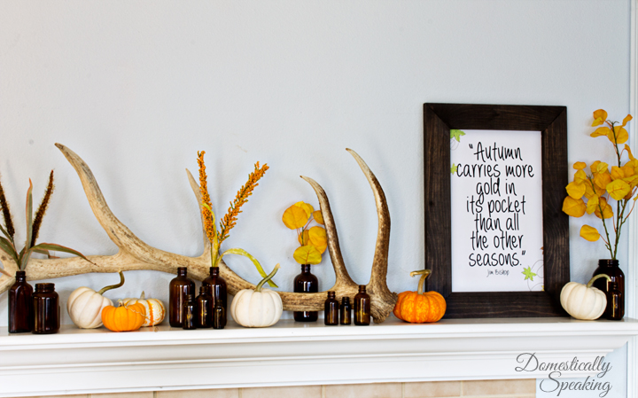 Rustic Autumn Mantel With Antlers Brown Bottles And A Cute Free Printable 2