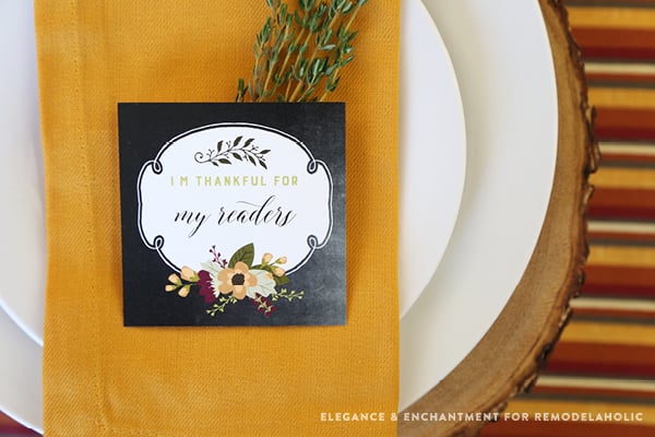 Free Printable “I am thankful for…” cards for Thanksgiving dinner. Print cards to hand out to everyone at your table and share your gratitude with on another! Designs by Elegance and Enchantment for Remodelaholic.