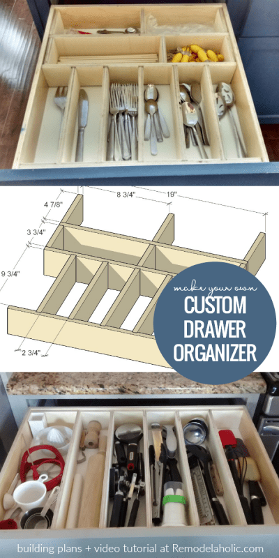 Whip your kitchen, bathroom, dresser, or desk drawers into shape with these affordable custom DIY drawer organizers. Adjustable, with no glue or nails, to organize kitchen utensils, clothing, office supplies, or bathroom essentials. | DIY Custom Drawer Organizers And Dividers, Building Plan And Video Tutorial, No Glue No Nails #remodelaholic